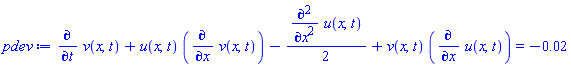diff(v(x, t), t)+u(x, t)*(diff(v(x, t), x))-(1/2)*(diff(diff(u(x, t), x), x))+v(x, t)*(diff(u(x, t), x)) = -0.2e-1