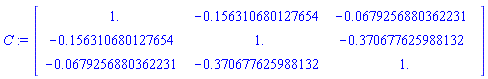 C := Matrix(3, 3, {(1, 1) = 1.0, (1, 2) = -.1563106801276543, (1, 3) = -0.6792568803622306e-1, (2, 1) = -.1563106801276543, (2, 2) = 1.0, (2, 3) = -.37067762598813236, (3, 1) = -0.6792568803622306e-1, (3, 2) = -.37067762598813236, (3, 3) = 1.0}, datatype = float[8])