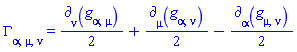 Physics:-Christoffel[alpha, mu, nu] = (1/2)*Physics:-d_[nu](Physics:-g_[alpha, mu], [X])+(1/2)*Physics:-d_[mu](Physics:-g_[alpha, nu], [X])-(1/2)*Physics:-d_[alpha](Physics:-g_[mu, nu], [X])
