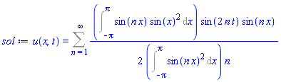 u(x, t) = Sum((1/2)*(Int(sin(n*x)*sin(x)^2, x = -Pi .. Pi))*sin(2*n*t)*sin(n*x)/((Int(sin(n*x)^2, x = -Pi .. Pi))*n), n = 1 .. infinity)