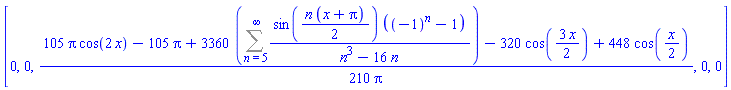 [0, 0, (1/210)*(105*Pi*cos(2*x)-105*Pi+3360*(Sum(sin((1/2)*n*(x+Pi))*((-1)^n-1)/(n^3-16*n), n = 5 .. infinity))-320*cos((3/2)*x)+448*cos((1/2)*x))/Pi, 0, 0]