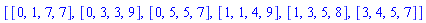 [[0, 1, 7, 7], [0, 3, 3, 9], [0, 5, 5, 7], [1, 1, 4, 9], [1, 3, 5, 8], [3, 4, 5, 7]]