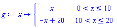 g := proc (x) options operator, arrow; piecewise(0 < x and x <= 10, x, 10 < x and x <= 20, -x+20) end proc