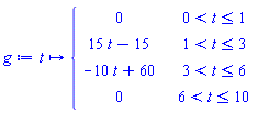 g := proc (t) options operator, arrow; piecewise(0 < t and t <= 1, 0, 1 < t and t <= 3, 15*t-15, 3 < t and t <= 6, -10*t+60, 6 < t and t <= 10, 0) end proc