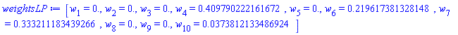 [w[1] = HFloat(0.0), w[2] = HFloat(0.0), w[3] = HFloat(0.0), w[4] = HFloat(0.40979022216167177), w[5] = HFloat(0.0), w[6] = HFloat(0.21961738132814781), w[7] = HFloat(0.33321118343926637), w[8] = HFloat(0.0), w[9] = HFloat(0.0), w[10] = HFloat(0.037381213348692446)]