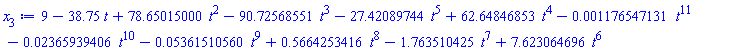 9-38.75*t+78.65015000*t^2-90.72568551*t^3-27.42089744*t^5+62.64846853*t^4-0.1176547131e-2*t^11-0.2365939406e-1*t^10-0.5361510560e-1*t^9+.5664253416*t^8-1.763510425*t^7+7.623064696*t^6