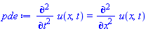 diff(diff(u(x, t), t), t) = diff(diff(u(x, t), x), x)