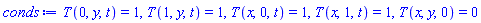 T(0, y, t) = 1, T(1, y, t) = 1, T(x, 0, t) = 1, T(x, 1, t) = 1, T(x, y, 0) = 0