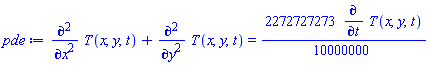 diff(diff(T(x, y, t), x), x)+diff(diff(T(x, y, t), y), y) = (2272727273/10000000)*(diff(T(x, y, t), t))
