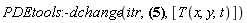 PDEtools:-dchange(itr, U(x, y, t) = Sum(Sum(4*(-(-1)^(n1+n)+(-1)^n1+(-1)^n-1)*sin(n*Pi*x)*sin(n1*Pi*y)*exp(-(10000000/2272727273)*t*Pi^2*(n^2+n1^2))/(n*Pi^2*n1), n = 1 .. infinity), n1 = 1 .. infinity), [T(x, y, t)])