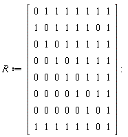 R := Matrix(8, 8, {(1, 1) = 0, (1, 2) = 1, (1, 3) = 1, (1, 4) = 1, (1, 5) = 1, (1, 6) = 1, (1, 7) = 1, (1, 8) = 1, (2, 1) = 1, (2, 2) = 0, (2, 3) = 1, (2, 4) = 1, (2, 5) = 1, (2, 6) = 1, (2, 7) = 0, (2, 8) = 1, (3, 1) = 0, (3, 2) = 1, (3, 3) = 0, (3, 4) = 1, (3, 5) = 1, (3, 6) = 1, (3, 7) = 1, (3, 8) = 1, (4, 1) = 0, (4, 2) = 0, (4, 3) = 1, (4, 4) = 0, (4, 5) = 1, (4, 6) = 1, (4, 7) = 1, (4, 8) = 1, (5, 1) = 0, (5, 2) = 0, (5, 3) = 0, (5, 4) = 1, (5, 5) = 0, (5, 6) = 1, (5, 7) = 1, (5, 8) = 1, (6, 1) = 0, (6, 2) = 0, (6, 3) = 0, (6, 4) = 0, (6, 5) = 1, (6, 6) = 0, (6, 7) = 1, (6, 8) = 1, (7, 1) = 0, (7, 2) = 0, (7, 3) = 0, (7, 4) = 0, (7, 5) = 0, (7, 6) = 1, (7, 7) = 0, (7, 8) = 1, (8, 1) = 1, (8, 2) = 1, (8, 3) = 1, (8, 4) = 1, (8, 5) = 1, (8, 6) = 1, (8, 7) = 0, (8, 8) = 1})