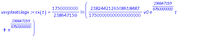 sx(t) = (1750000000/238647159)*ln((2382442126508618487/17500000000000000000)*v0*exp(238647159/8750000000)*t+exp(238647159/8750000000))