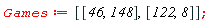 Games := [[`46`, `148`], [`122`, `8`]]
