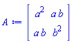Matrix(2, 2, {(1, 1) = a^2, (1, 2) = a*b, (2, 1) = a*b, (2, 2) = b^2})