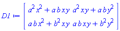 Matrix(2, 2, {(1, 1) = a^2*x^2+a*b*x*y, (1, 2) = a^2*x*y+a*b*y^2, (2, 1) = a*b*x^2+b^2*x*y, (2, 2) = a*b*x*y+b^2*y^2})