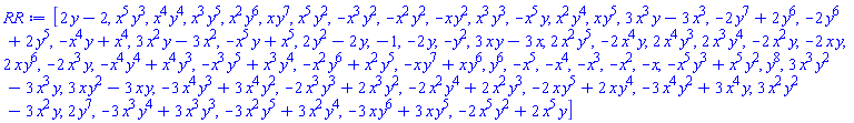 [2*y-2, x^5*y^3, x^4*y^4, x^3*y^5, x^2*y^6, x*y^7, x^5*y^2, -x^3*y^2, -x^2*y^2, -x*y^2, x^3*y^3, -x^5*y, x^2*y^4, x*y^5, 3*x^3*y-3*x^3, -2*y^7+2*y^6, -2*y^6+2*y^5, -x^4*y+x^4, 3*x^2*y-3*x^2, -x^5*y+x^5, 2*y^2-2*y, -1, -2*y, -y^2, 3*x*y-3*x, 2*x^2*y^5, -2*x^4*y, 2*x^4*y^3, 2*x^3*y^4, -2*x^2*y, -2*x*y, 2*x*y^6, -2*x^3*y, -x^4*y^4+x^4*y^3, -x^3*y^5+x^3*y^4, -x^2*y^6+x^2*y^5, -x*y^7+x*y^6, y^6, -x^5, -x^4, -x^3, -x^2, -x, -x^5*y^3+x^5*y^2, y^8, 3*x^3*y^2-3*x^3*y, 3*x*y^2-3*x*y, -3*x^4*y^3+3*x^4*y^2, -2*x^3*y^3+2*x^3*y^2, -2*x^2*y^4+2*x^2*y^3, -2*x*y^5+2*x*y^4, -3*x^4*y^2+3*x^4*y, 3*x^2*y^2-3*x^2*y, 2*y^7, -3*x^3*y^4+3*x^3*y^3, -3*x^2*y^5+3*x^2*y^4, -3*x*y^6+3*x*y^5, -2*x^5*y^2+2*x^5*y]