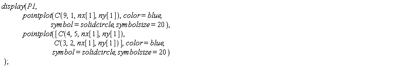 display(P1, pointplot(C(9, 1, nx[1], ny[1]), color = blue, symbol = solidcircle, symbolsize = 20), pointplot([C(4, 5, nx[1], ny[1]), C(3, 2, nx[1], ny[1])], color = blue, symbol = solidcircle, symbolsize = 20))