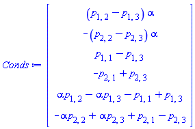 Vector(6, {(1) = (p[1, 2]-p[1, 3])*alpha, (2) = -(p[2, 2]-p[2, 3])*alpha, (3) = p[1, 1]-p[1, 3], (4) = -p[2, 1]+p[2, 3], (5) = alpha*p[1, 2]-alpha*p[1, 3]-p[1, 1]+p[1, 3], (6) = -alpha*p[2, 2]+alpha*p[2, 3]+p[2, 1]-p[2, 3]})
