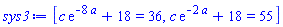 [c*exp(-8*a)+18 = 36, c*exp(-2*a)+18 = 55]
