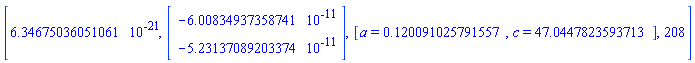 [6.34675036051061*10^(-21), Vector(2, {(1) = HFloat(-6.008349373587407e-11), (2) = HFloat(-5.2313708920337376e-11)}), [a = .120091025791557, c = 47.0447823593713], 208]