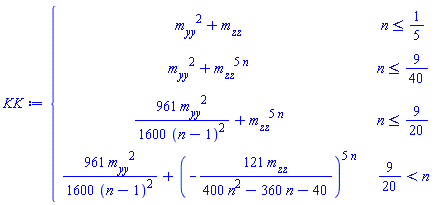 KK := piecewise(n <= 1/5, m__yy^2+m__zz, n <= 9/40, m__yy^2+m__zz^(5*n), n <= 9/20, 961*m__yy^2/(1600*(n-1)^2)+m__zz^(5*n), 9/20 < n, 961*m__yy^2/(1600*(n-1)^2)+(-121*m__zz/(400*n^2-360*n-40))^(5*n))