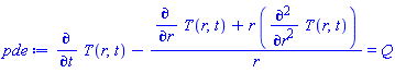diff(T(r, t), t)-(diff(T(r, t), r)+r*(diff(diff(T(r, t), r), r)))/r = Q