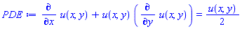 diff(u(x, y), x)+u(x, y)*(diff(u(x, y), y)) = (1/2)*u(x, y)