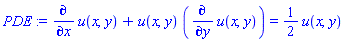 diff(u(x, y), x)+u(x, y)*(diff(u(x, y), y)) = (1/2)*u(x, y)
