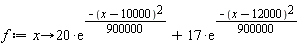 f := proc (x) options operator, arrow; 20*exp(-(1/900000)*(x-10000)^2)+17*exp(-(1/900000)*(x-12000)^2) end proc