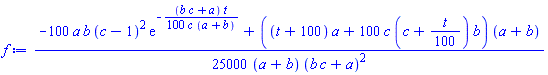 (1/25000)*(-100*a*b*(c-1)^2*exp(-(1/100)*(b*c+a)*t/(c*(a+b)))+((t+100)*a+100*c*(c+(1/100)*t)*b)*(a+b))/((a+b)*(b*c+a)^2)