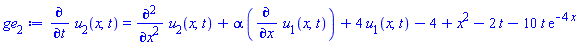 diff(u[2](x, t), t) = diff(diff(u[2](x, t), x), x)+alpha*(diff(u[1](x, t), x))+4*u[1](x, t)-4+x^2-2*t-10*t*exp(-4*x)
