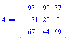 Matrix(3, 3, {(1, 1) = 92, (1, 2) = 99, (1, 3) = 27, (2, 1) = -31, (2, 2) = 29, (2, 3) = 8, (3, 1) = 67, (3, 2) = 44, (3, 3) = 69})