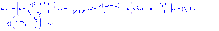 {B = S*(lambda__2+beta+mu)/(lambda__1-lambda__2-beta-mu), C = 1/(beta*(S+B)), E = phi*(B*tau+II)/(phi+mu)+B*(C*lambda__4*B-mu-lambda__4*lambda__2/beta), P = (lambda__3+mu+gamma__t)*(B*C*lambda__1-lambda__2/beta)-lambda__3}