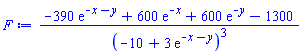 (-390*exp(-x-y)+600*exp(-x)+600*exp(-y)-1300)/(-10+3*exp(-x-y))^3
