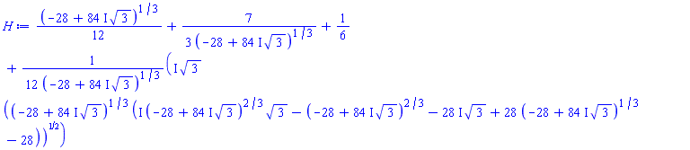 (1/12)*(-28+(84*I)*3^(1/2))^(1/3)+(7/3)/(-28+(84*I)*3^(1/2))^(1/3)+1/6+((1/12)*I)*3^(1/2)*((-28+(84*I)*3^(1/2))^(1/3)*(I*(-28+(84*I)*3^(1/2))^(2/3)*3^(1/2)-(-28+(84*I)*3^(1/2))^(2/3)-(28*I)*3^(1/2)+28*(-28+(84*I)*3^(1/2))^(1/3)-28))^(1/2)/(-28+(84*I)*3^(1/2))^(1/3)