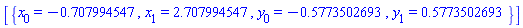 [{x[0] = -.707994547, x[1] = 2.707994547, y[0] = -.5773502693, y[1] = .5773502693}]