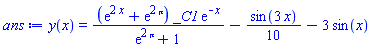 y(x) = (exp(2*x)+exp(2*Pi))*_C1*exp(-x)/(exp(2*Pi)+1)-(1/10)*sin(3*x)-3*sin(x)