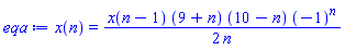 x(n) = (1/2)*x(n-1)*(9+n)*(10-n)*(-1)^n/n