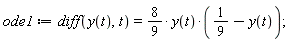 ode1 := diff(y(t), t) = (8/9)*y(t)*(1/9-y(t))