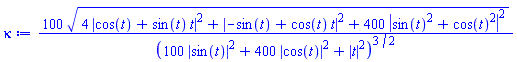 100*(4*abs(cos(t)+sin(t)*t)^2+abs(-sin(t)+cos(t)*t)^2+400*abs(sin(t)^2+cos(t)^2)^2)^(1/2)/(100*abs(sin(t))^2+400*abs(cos(t))^2+abs(t)^2)^(3/2)