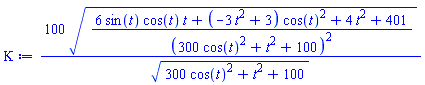 100*((6*sin(t)*cos(t)*t+(-3*t^2+3)*cos(t)^2+4*t^2+401)/(300*cos(t)^2+t^2+100)^2)^(1/2)/(300*cos(t)^2+t^2+100)^(1/2)