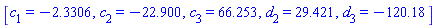 [c[1] = -2.3306, c[2] = -22.900, c[3] = 66.253, d[2] = 29.421, d[3] = -120.18]