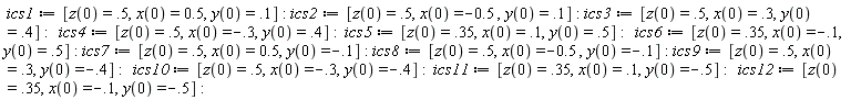 ics1 := [z(0) = .5, x(0) = .5, y(0) = .1]; ics2 := [z(0) = .5, x(0) = -.5, y(0) = .1]; ics3 := [z(0) = .5, x(0) = .3, y(0) = .4]; ics4 := [z(0) = .5, x(0) = -.3, y(0) = .4]; ics5 := [z(0) = .35, x(0) = .1, y(0) = .5]; ics6 := [z(0) = .35, x(0) = -.1, y(0) = .5]; ics7 := [z(0) = .5, x(0) = .5, y(0) = -.1]; ics8 := [z(0) = .5, x(0) = -.5, y(0) = -.1]; ics9 := [z(0) = .5, x(0) = .3, y(0) = -.4]; ics10 := [z(0) = .5, x(0) = -.3, y(0) = -.4]; ics11 := [z(0) = .35, x(0) = .1, y(0) = -.5]; ics12 := [z(0) = .35, x(0) = -.1, y(0) = -.5]