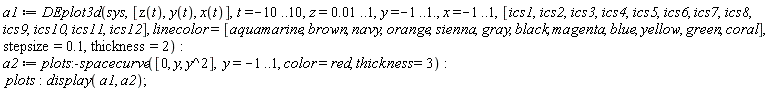 a1 := DEplot3d(sys, [z(t), y(t), x(t)], t = -10 .. 10, z = 0.1e-1 .. 1, y = -1 .. 1., x = -1 .. 1, [ics1, ics2, ics3, ics4, ics5, ics6, ics7, ics8, ics9, ics10, ics11, ics12], linecolor = [aquamarine, brown, navy, orange, sienna, gray, black, magenta, blue, yellow, green, coral], stepsize = .1, thickness = 2); a2 := plots:-spacecurve([0, y, y^2], y = -1 .. 1, color = red, thickness = 3); plots; display(a1, a2)