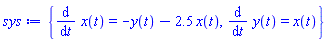 {diff(x(t), t) = -y(t)-2.5*x(t), diff(y(t), t) = x(t)}