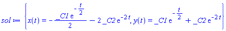 {x(t) = -(1/2)*_C1*exp(-(1/2)*t)-2*_C2*exp(-2*t), y(t) = _C1*exp(-(1/2)*t)+_C2*exp(-2*t)}