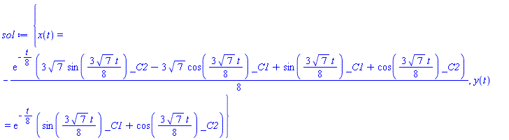 {x(t) = -(1/8)*exp(-(1/8)*t)*(3*7^(1/2)*sin((3/8)*7^(1/2)*t)*_C2-3*7^(1/2)*cos((3/8)*7^(1/2)*t)*_C1+sin((3/8)*7^(1/2)*t)*_C1+cos((3/8)*7^(1/2)*t)*_C2), y(t) = exp(-(1/8)*t)*(sin((3/8)*7^(1/2)*t)*_C1+cos((3/8)*7^(1/2)*t)*_C2)}