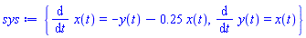 {diff(x(t), t) = -y(t)-.25*x(t), diff(y(t), t) = x(t)}