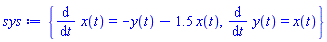 {diff(x(t), t) = -y(t)-1.5*x(t), diff(y(t), t) = x(t)}