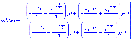 Vector(2, {(1) = (-(1/3)*exp(-2*t)+(4/3)*exp(-(1/2)*t))*y0+(-(2/3)*exp(-2*t)+(2/3)*exp(-(1/2)*t))*yp0, (2) = ((2/3)*exp(-2*t)-(2/3)*exp(-(1/2)*t))*y0+((4/3)*exp(-2*t)-(1/3)*exp(-(1/2)*t))*yp0})
